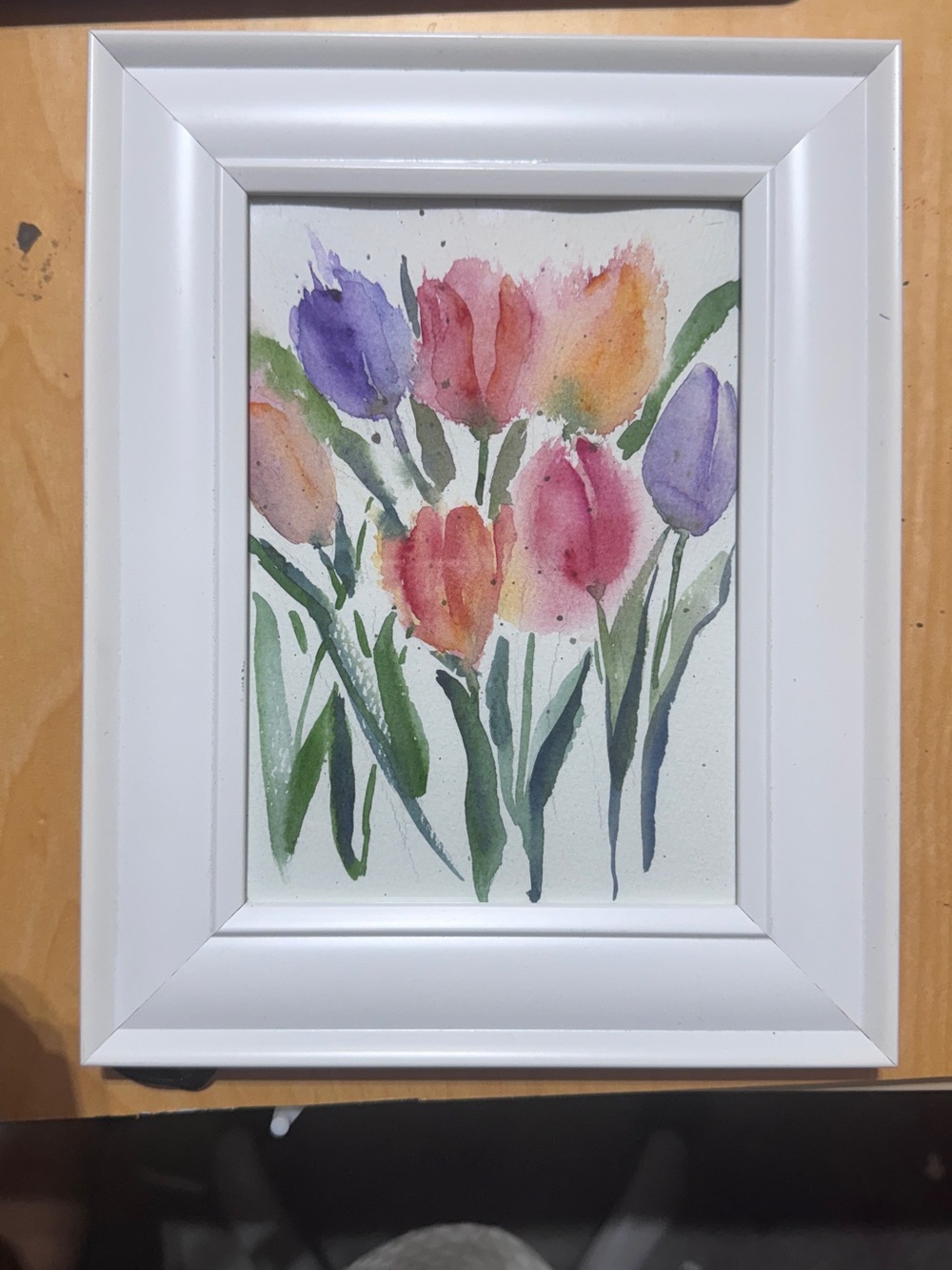 White Framed Watercolor Tulip Painting - Multicolor Floral Art